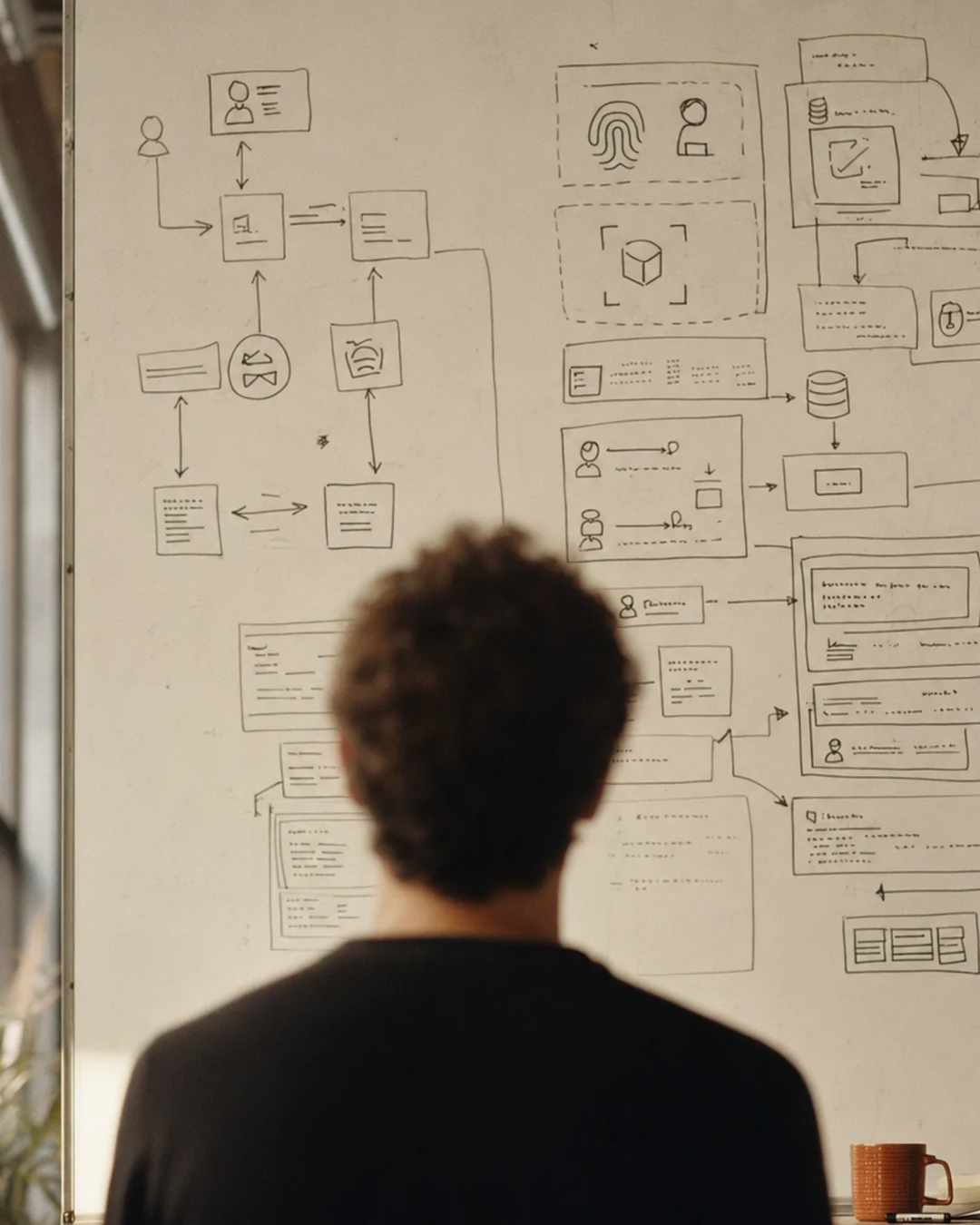 A founder studying a whiteboard of identity and fraud system diagrams in a sunlit office.