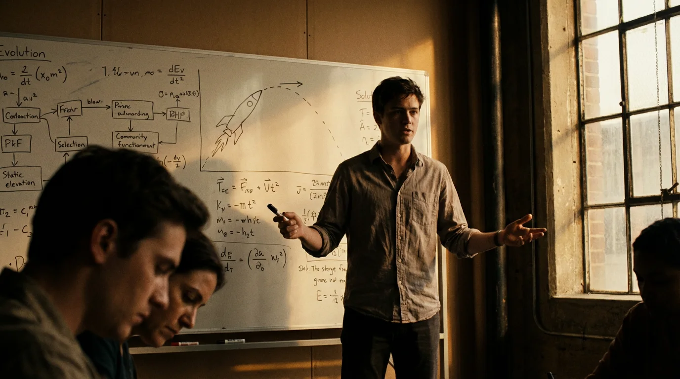 A founder at a whiteboard, trajectory and math, afternoon light.