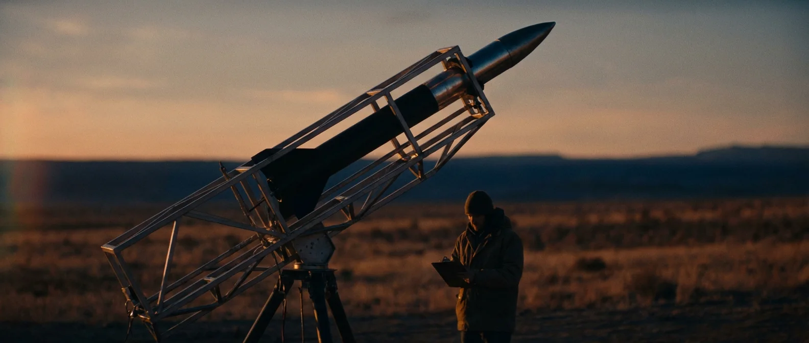 Prototype rocket on a test stand at dawn, a lone founder at its base reviewing a clipboard.